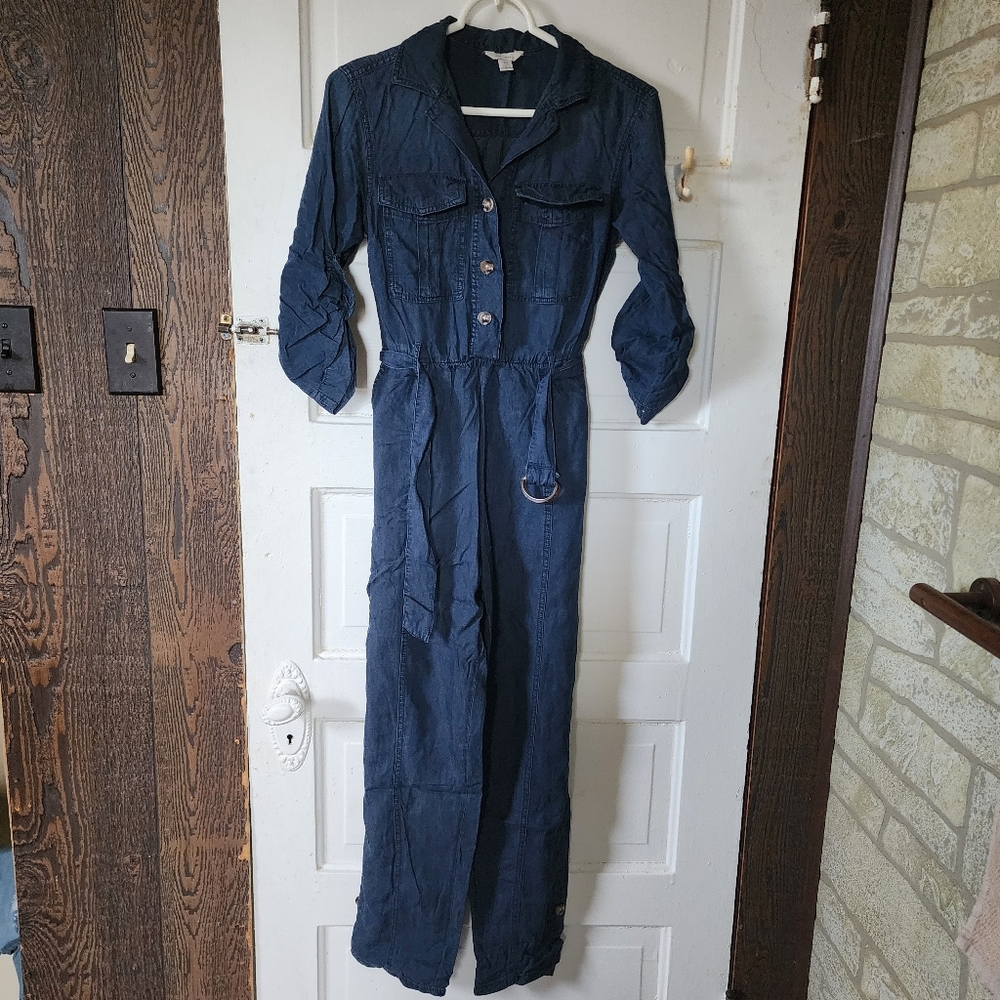 Navy Denim Style Jumpsuit With Belt